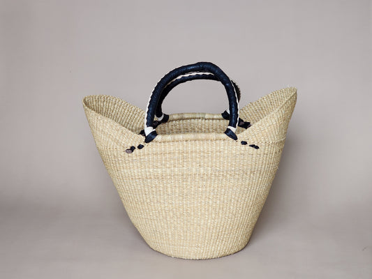 Large U natural Bolga basket with leather handles